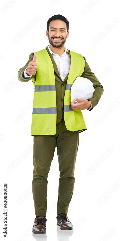 Poster portrait, asian man or architect with thumb up or success isolated on transparent png background. go