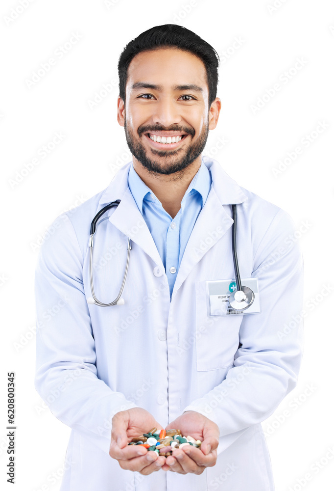 Sticker doctor, pills and portrait of man with medicine on isolated, png and transparent background. healthc