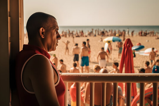 A lifeguard watching over swimmers at a crowded beach. Generative AI