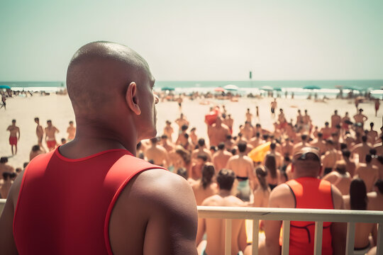 A lifeguard watching over swimmers at a crowded beach. Generative AI