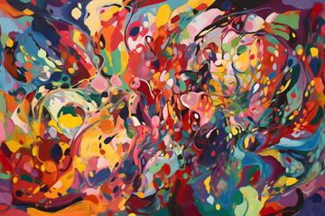 A lively abstract background composed of fluid and organic shapes in a rainbow spectrum of vibrant colors, symbolizing joy, energy and movement. Generative AI