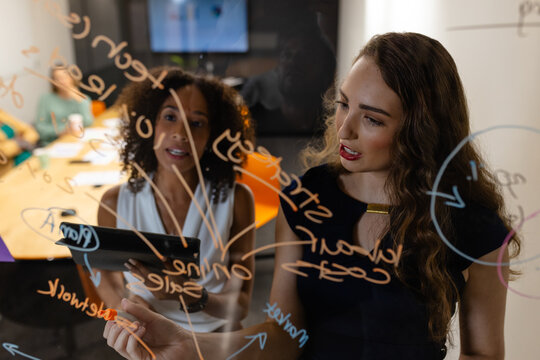 Diverse creative female colleagues in discussion brainstorming making notes on glass wall in office