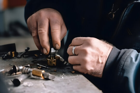 A locksmith repairing or installing locks, detail shot. Generative AI