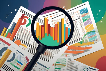 A magnifying glass zooming in on a single stock symbol on a newspaper's financial section, highlighting the importance of research and analysis in decision-making. Generative AI