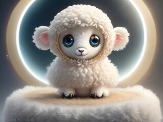Cute little sheep against a backdrop of ornate glass spheres. Fantasy.generative AI