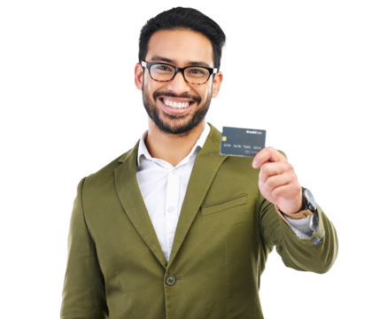 Happy businessman, portrait and credit card for payment isolated on a transparent PNG background. Asian man, nerd or geek with smile for banking, online shopping or financial freedom and ecommerce