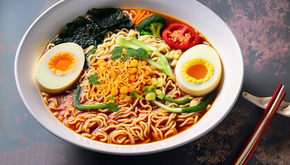 RAMEN NOODLES JAPANESE CHINESE STEW PHOTOGRAPHY WITH COLOR FUL VEGETABLES EGGS MAGGI PASTA SOUP