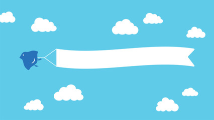 白い雲が浮かぶ青空と白いリボンを運ぶ千鳥 - シンプルでレトロかわいいスペース付きのあしらい
