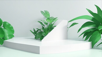 white podium with a plant in it and a white vase with a green plant - Photorealistic illustration, Generative AI