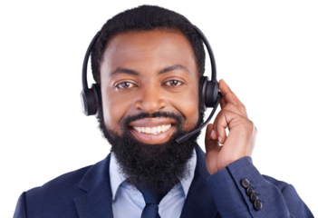 Isolated black man, call center and portrait with smile, listening or headphones by transparent png background. African consultant, microphone and customer service with voip tech, crm or happy at job