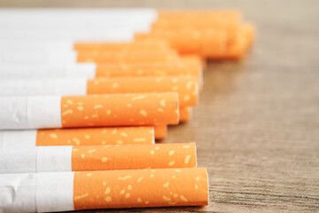 Cigarette, roll tobacco in paper with filter tube, No smoking concept.