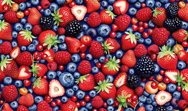  a bunch of berries and strawberries are arranged in a pattern.  generative ai