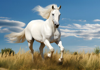 Obraz na płótnie Canvas Beautiful white horse galloping in the field, AI GENERATIVE