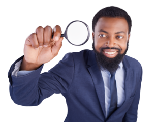 Corporate, business and black man with magnifying glass in hand for inspection. Businessman, inspector and audit with attention, search and investigation isolated on a transparent, png background