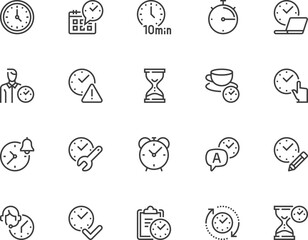 Set of vector line icons related to time. Timer, speed, alarm clock, time management, period, duration. Editable stroke. Pixel perfect.