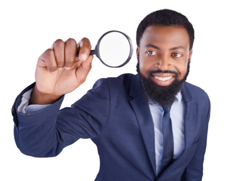Corporate, business and black man with magnifying glass in hand for inspection. Businessman, inspector and audit with attention, search and investigation isolated on a transparent, png background