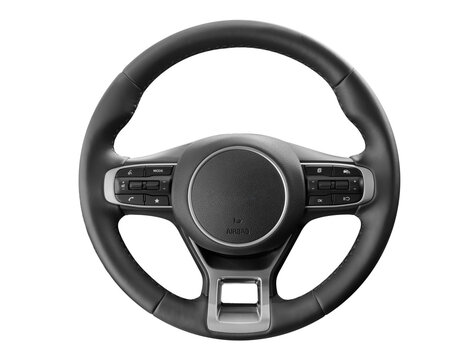 Modern car interior. Steering wheel with media phone control buttons isolated on white background. Car interior details. Steering wheel isolated on white background