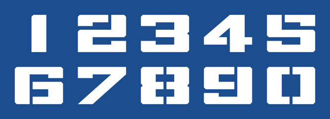 Square stencil numbers from zero to nine. White on blue background	
