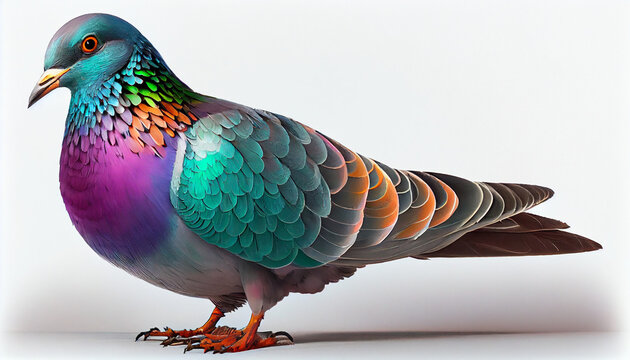 Rock pigeon or rock dove sitting. Colorful urban pigeon, a common bird found in cities, displaying a variety of plumage colors, isolated on a white background Ai generated image