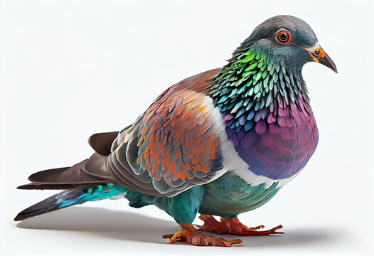 Rock pigeon or rock dove sitting. Colorful urban pigeon, a common bird found in cities, displaying a variety of plumage colors, isolated on a white background Ai generated image