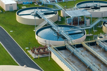 Aerial view of water treatment factory at city wastewater cleaning facility. Purification process...