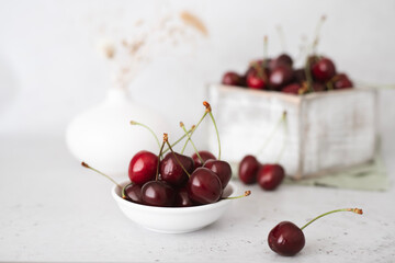 Ripe cherries on the kitchen table