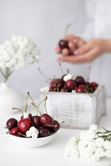 Ripe cherries on the kitchen table