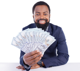 Portrait, dollars and black man with money on table for business investment isolated on a transparent png background. Face, cash and happy professional on desk with financial freedom, winner and rich