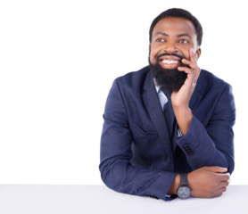 Remember, thinking and happy businessman in studio with memory, dream or mindset for problem solving on transparent png background. Isolated, black man with vision or think of a solution with a smile
