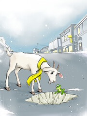 goat and frog in front of hole looking something, cartoon illustration