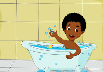 Naklejka premium kid take a bath in the bathtub with doll duck