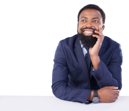 Remember, thinking and happy businessman in studio with memory, dream or mindset for problem solving on transparent png background. Isolated, black man with vision or think of a solution with a smile