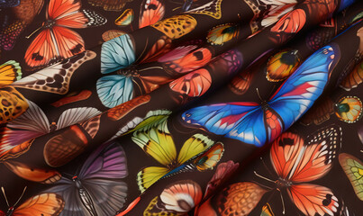  a close up of a colorful butterfly print on a brown background.  generative ai