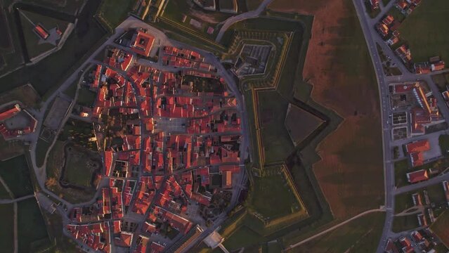Top down shot of medieval town Almeida Star fortress Portugal, aerial