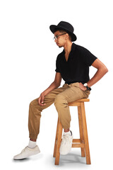 Hipster, man and a vintage hat for fashion or cool college student with glasses on png, transparent...