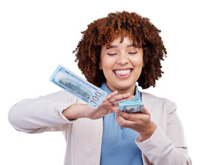 Woman throw cash from hands isolated on transparent png background in winning, wealth success or...