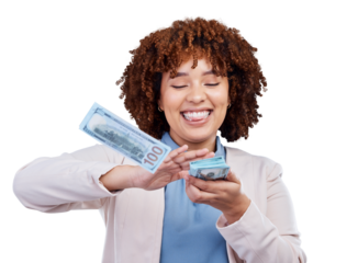 Woman throw cash from hands isolated on transparent png background in winning, wealth success or financial freedom. Excited african person or winner payment, money rain or bonus, cashback and lottery