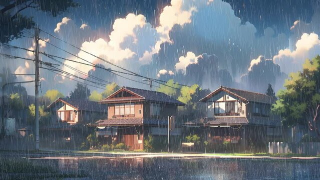 A quaint Japanese neighborhood beneath a hard rain, anime background animation