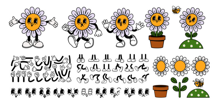 Cartoon flower character. Daisy retro constructor. Smiley flower face, funny walking mascot chamomile with bee, plant in pot. Trendy design sticker, vector set