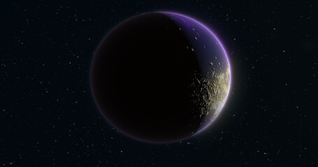 Abstract realistic space spinning planet round sphere with a water surface in space against the background of stars