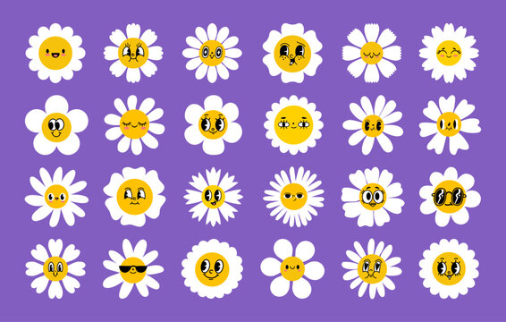 Naklejki Cartoon daisy flowers. Flower retro face, smile happy chamomile characters. Cute kids floral plant emotion. Trendy white petal, spring orange faces. Vector set