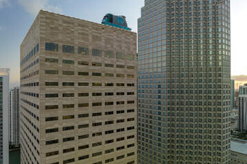 Obraz premium Evening urban landscape of downtown district of Miami Brickell in Florida, USA. Skyline with high skyscraper buildings in modern american megapolis
