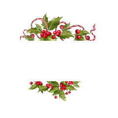 Christmas frame made of mistletoe and ribbon. Festive decoration - 620805191