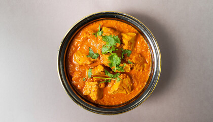 indian butter chicken curry in balti dish top down view and isolated with cilantro garnish - obrazy, fototapety, plakaty