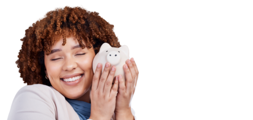 Smile, excited and woman with a piggy bank, finance and budget isolated on a transparent background. Female person, investing profit or model with happiness, savings and future wealth with wow or png