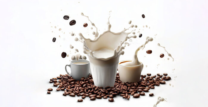splash of coffee beans and milk, caffein , isolated white background