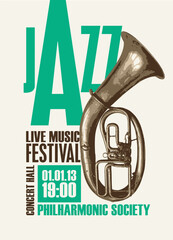 Vector vintage poster for jazz festival of live music with wind instrument trumpet and inscriptions. Music banner, flyer, invitation, ticket in retro style