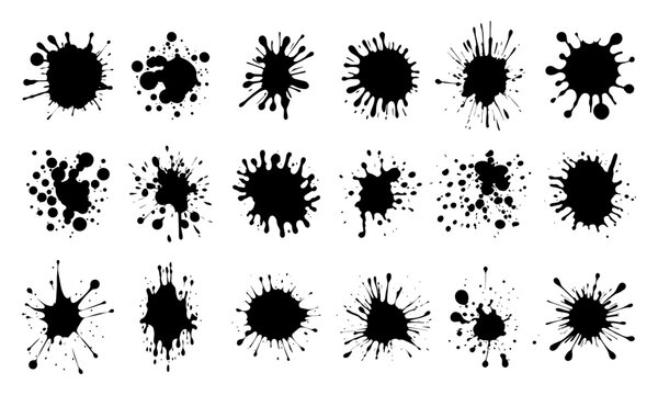 Ink drops. Ink blot spot and splatter, black liquid paint drip splashes. Artistic dirty grunge abstract spot inking stained effect isolated vector set