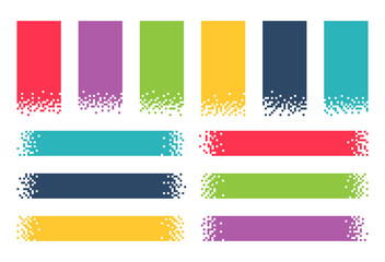 Pixel banners. Header footer banner rectangles with pixel digital edges, vertical and horizontal title boxes, pixelated gradient grunge texture vector set
