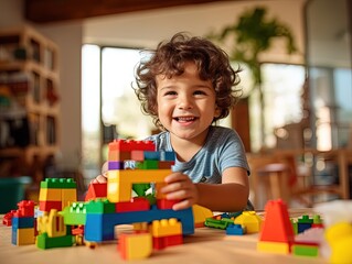 young kid playing with blocks at home, ai generated - obrazy, fototapety, plakaty